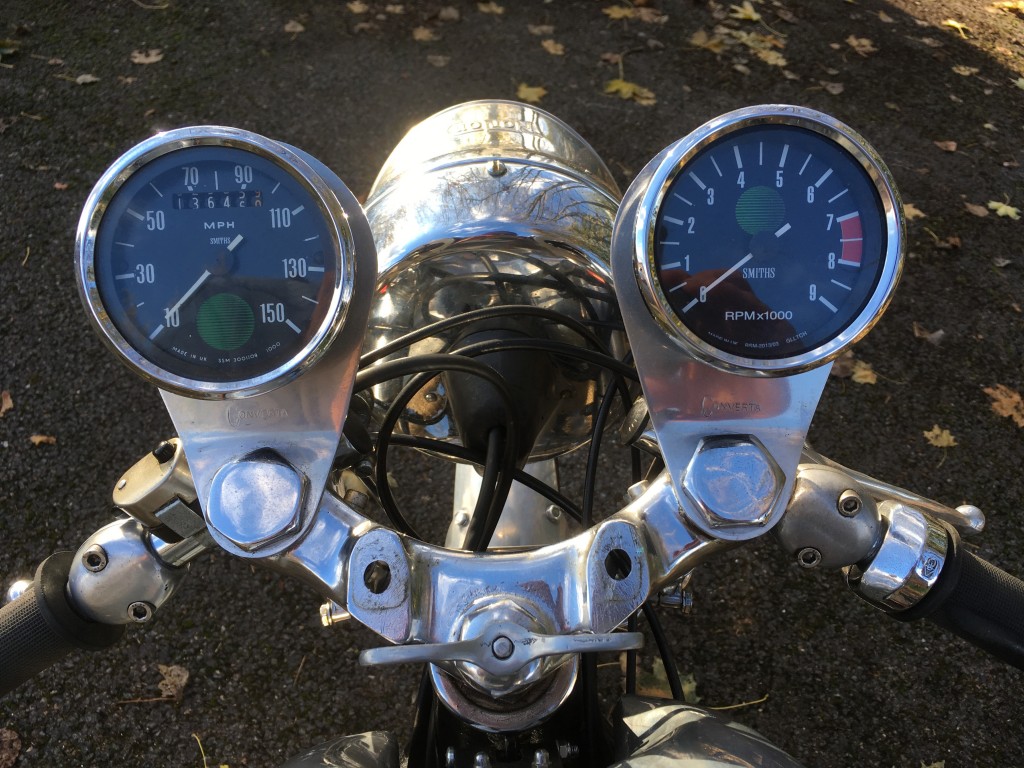 Speedo (left) is 1950s issue. Tacho is brand new and electronic