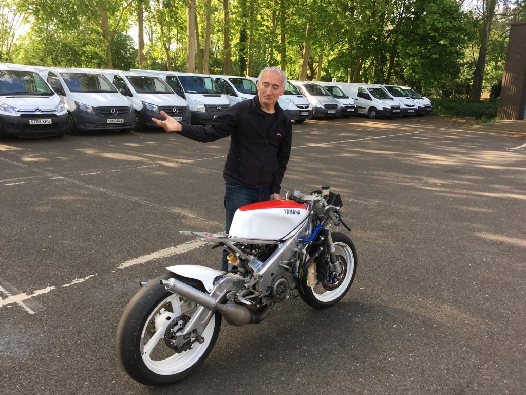 Ta da! Neal collects the bike and bump starts it round the yard